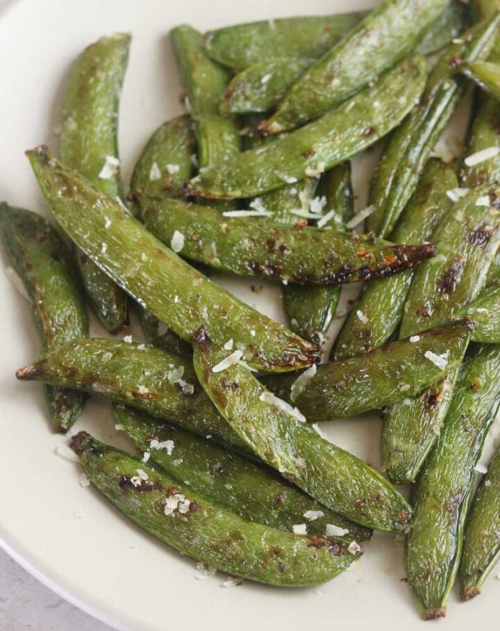 Up-close shot of air fried snap peas